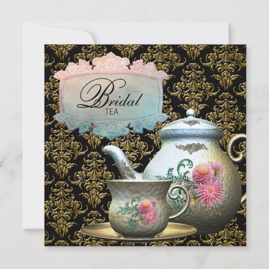 Roze Goud Zwart Damask Tea Cup Vrijgezellenfeest Kaart (Voorkant)