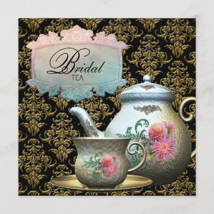Roze Goud Zwart Damask Tea Cup Vrijgezellenfeest Kaart