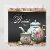 Roze Goud Zwart Damask Tea Cup Vrijgezellenfeest Kaart (Voorkant)
