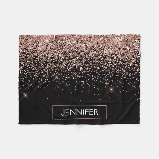 Roze Goud Zwart Glitter Monogram Naam Fleece Deken (Voorkant (Horizontaal))