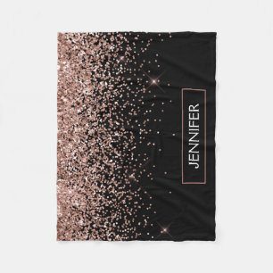 Roze Goud Zwart Glitter Monogram Naam Fleece Deken