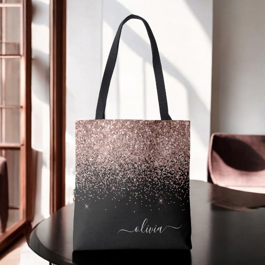 Roze Goud Zwart Glitter Monogram Naam Tote Bag