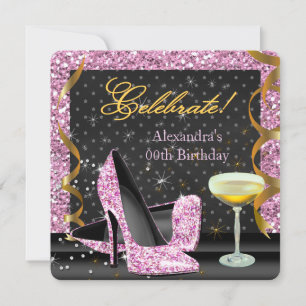 Roze Goud Zwart Glitter Verjaardagsfeest Vieren Kaart