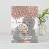 Roze Goud Zwart Glitters Confetti Foto Bruiloft Save The Date (Staand voorkant)