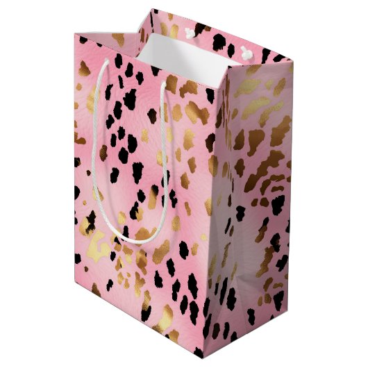 Roze Goud Zwart Luipaard Print Medium Cadeauzakje (Achterkant Gekanteld)