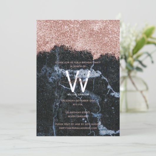 Roze Goud Zwart Marmer Glitter Verjaardag Elke Lee Kaart (Staand voorkant)