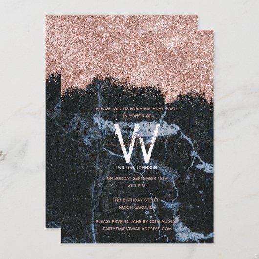 Roze Goud Zwart Marmer Glitter Verjaardag Elke Lee Kaart (Voorkant / Achterkant)