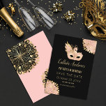 Roze Goud Zwart Maskerade Masker 50e Verjaardag Save The Date<br><div class="desc">Dit en moderne 50ste verjaardagsfeestje op de datum is perfect voor de trendy en stijlvolle verjaardagsvrouw. Het prachtige, unieke en elegante ontwerp toont een faux geprinte gouden folie met blush roze handgetekende maskerade vlindermasker op de top van een eenvoudige zwarte achtergrond. Deze illustratieve tekening wordt aangevuld met twee bloemige kanten...</div>