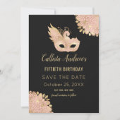 Roze Goud Zwart Maskerade Masker 50e Verjaardag Save The Date (Voorkant)