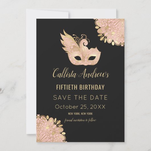 Roze Goud Zwart Maskerade Masker 50e Verjaardag Save The Date (Voorkant)