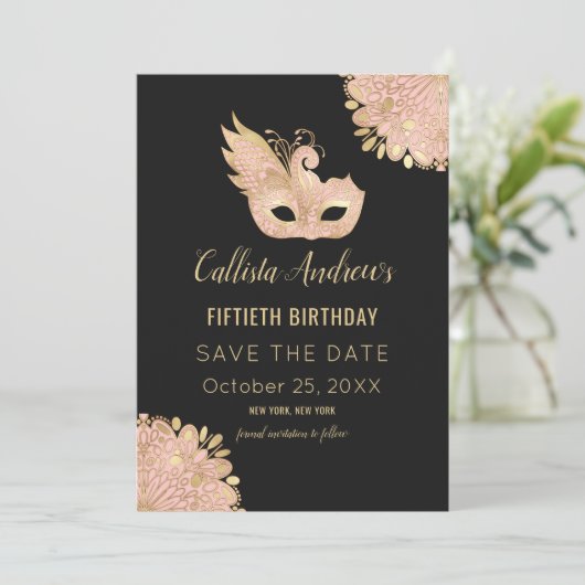 Roze Goud Zwart Maskerade Masker 50e Verjaardag Save The Date (Staand voorkant)