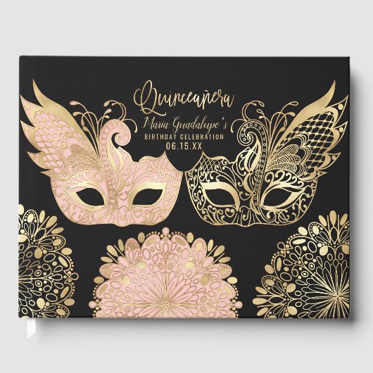  roze goud zwart maskerade masker quinceañera gastenboek (Voorkant)