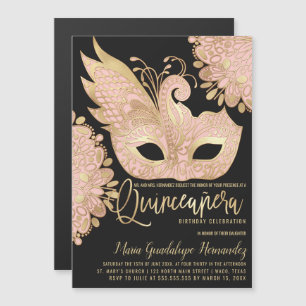 roze goud zwart maskerade masker quinceañera magnetische uitnodiging