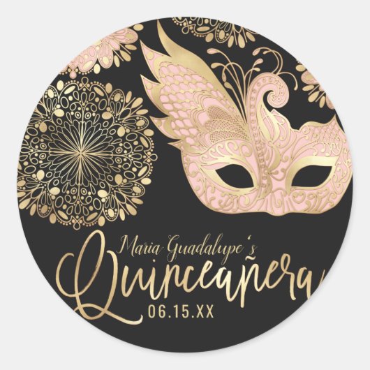 roze goud zwart maskerade masker quinceañera ronde sticker (Voorkant)
