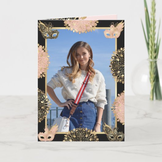 Roze Goud Zwart Maskerade Masker Sweet 16 (Voorkant)