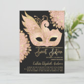  Roze Goud Zwart Maskerade Masker Sweet 16 Kaart (Staand voorkant)