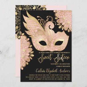 Roze Goud Zwart Maskerade Masker Sweet 16 Kaart