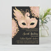 Roze Goud Zwart Maskerade Masker Sweet 16 Kaart (Staand voorkant)