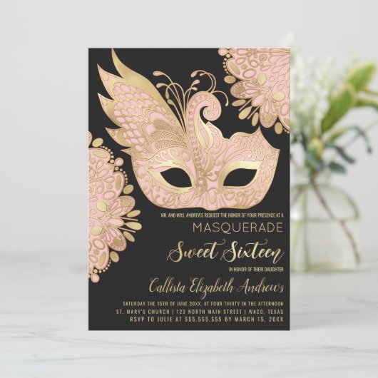  Roze Goud Zwart Maskerade Masker Sweet 16 Kaart (Staand voorkant)