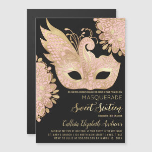 Roze Goud Zwart Maskerade Masker Sweet 16 Magnetische Uitnodiging