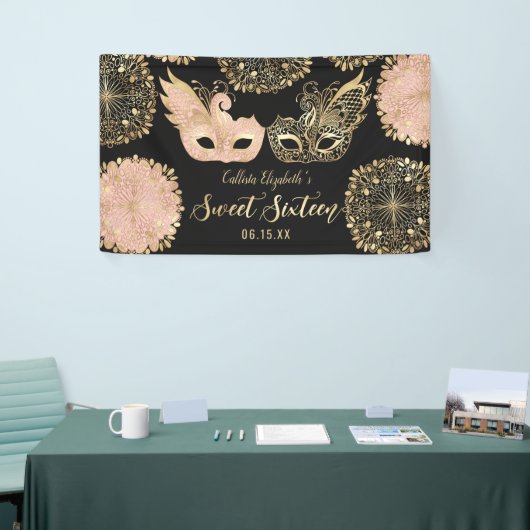  Roze Goud Zwart Maskerade Masker Sweet 16 Spandoek (Beurs)