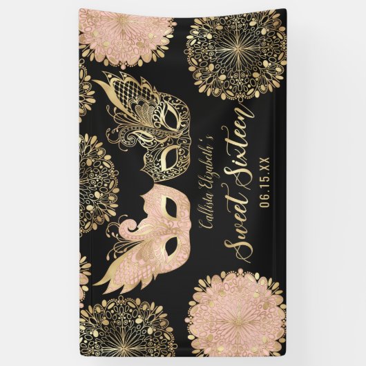  Roze Goud Zwart Maskerade Masker Sweet 16 Spandoek (Verticaal)