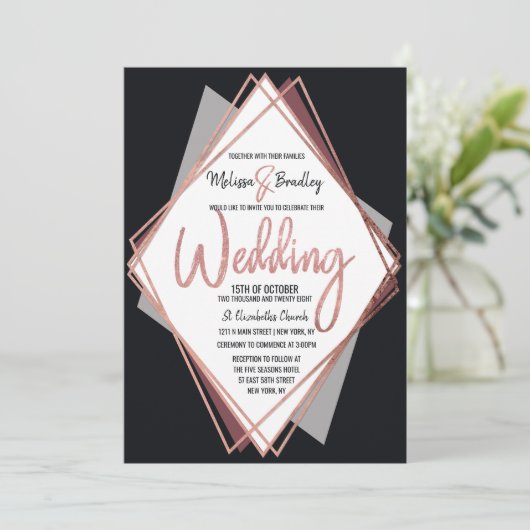 Roze Goud Zwart Mauve Grijs Geometrische Trouwdag Kaart (Staand voorkant)