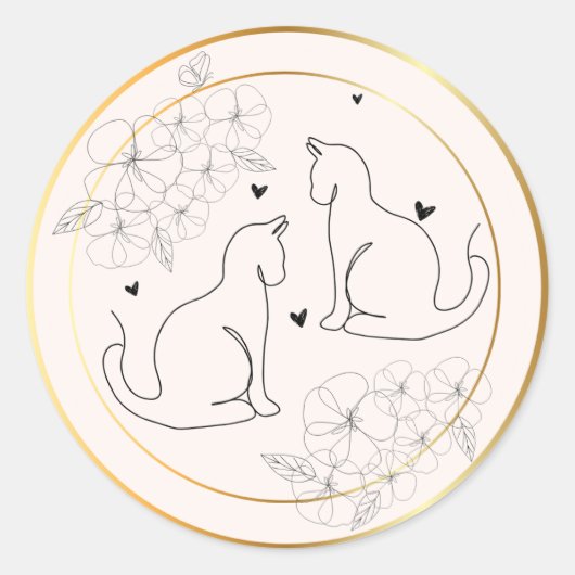 Roze Goud Zwart Minimal Drawn Bloemen Kat Sticker (Voorkant)
