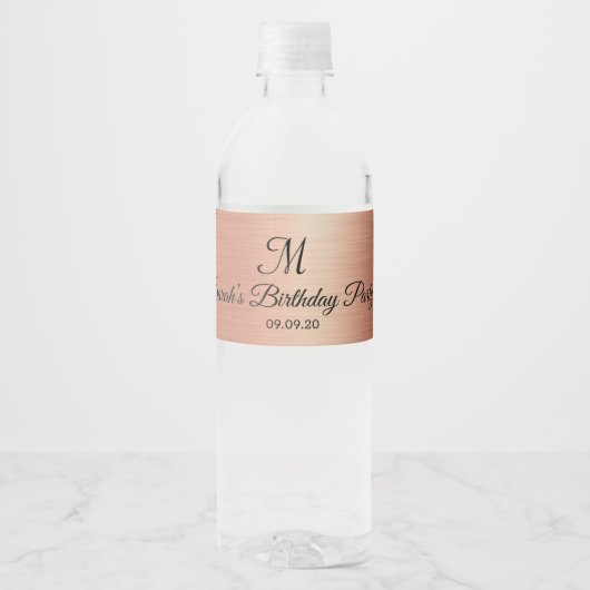 Roze Goud Zwart Monogram Huwelijk Verjaardag Waterfles Etiket (Voorkant)