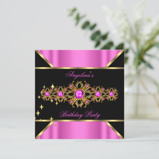 Roze Goud Zwart Verjaardagsfeestje Kaart (Staand voorkant)