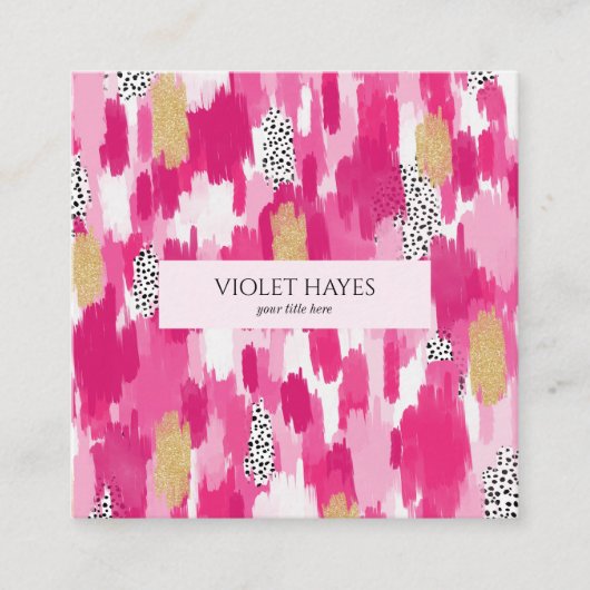 Roze Goud Zwart Wit Polka Dot Brush Stroke Vierkante Visitekaartje (Voorkant)