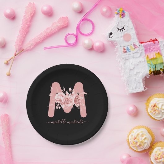 Roze Goud Zwarte Bloem Waterverf Monogram Papieren Bordje (Feest)