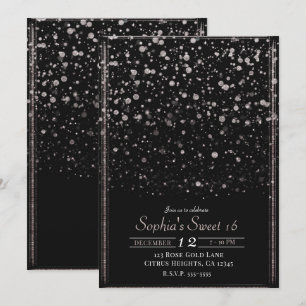 Roze Goud & Zwarte Confetti Spatten Sweet 16 Feest Kaart
