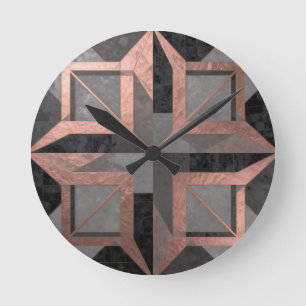 Roze Goud Zwarte Geometrische Marmer Ronde Klok