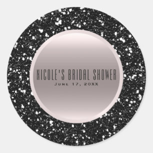 Roze Goud Zwarte Glitters Elegant Trouwgunst Ronde Sticker