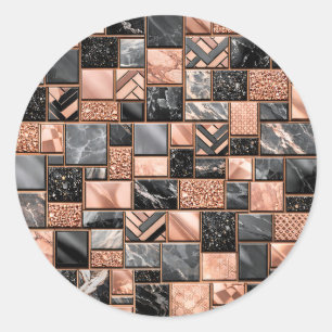 Roze Goud Zwarte Marmer Mozaïek Ronde Sticker