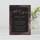 Roze Goud & Zwarte Marmer Vier Feest Met Ons Kaart (Staand voorkant)