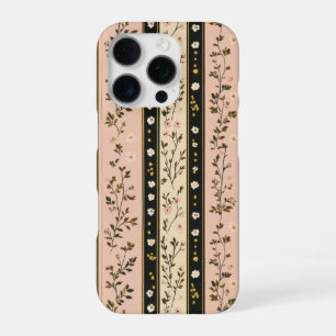Roze Goud Zwarte Vintage Strepen Bloemen iPhone 16 Pro Hoesje