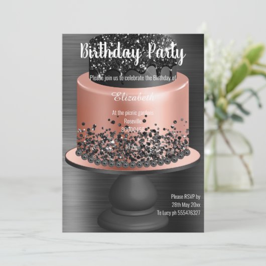 ROZE GOUD ZWARTE ZWARTE TAART VERJAARDAGSUITNODIGI KAART (Staand voorkant)