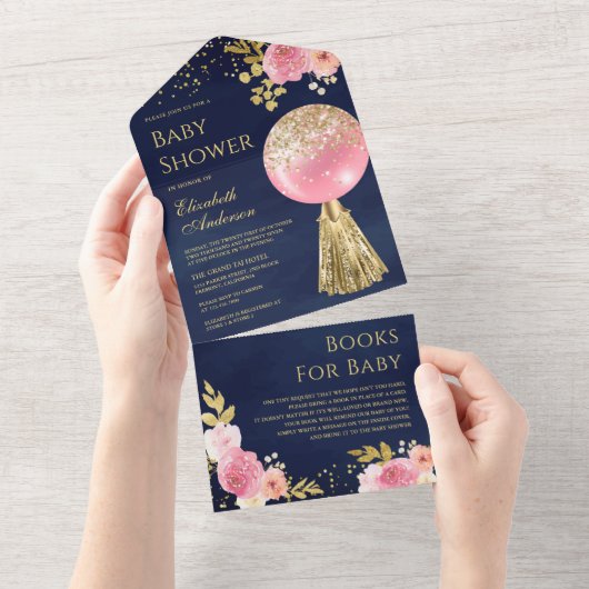 Roze goudballon - Baby shower van de Floral Navy All In One Uitnodiging (Afscheurbaar)