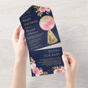 Roze goudballon - Baby shower van de Floral Navy All In One Uitnodiging