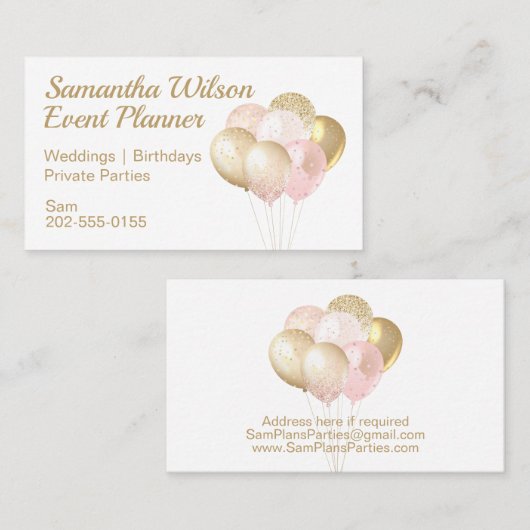 Roze goudballonnen visitekaartje (Voorkant / Achterkant)
