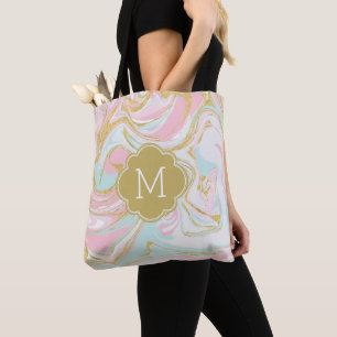 Roze goudblauwe inktmarmer tote bag