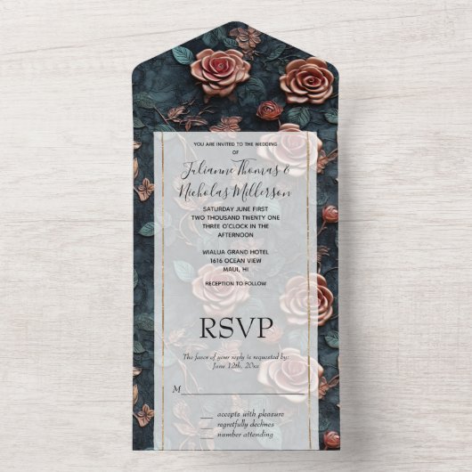 Roze Goudblauwe Rozen All In One Uitnodiging (Binnen)