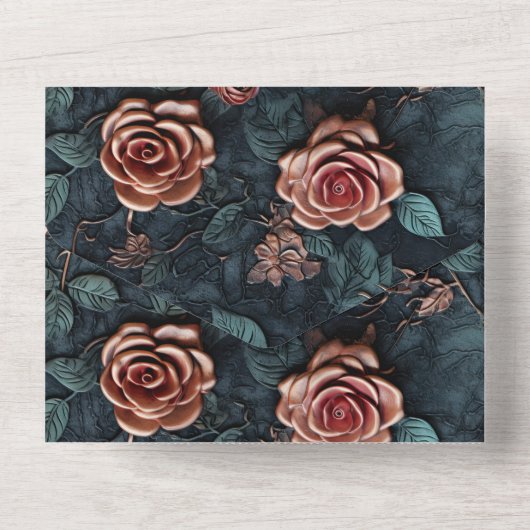 Roze Goudblauwe Rozen All In One Uitnodiging (Achterkant)