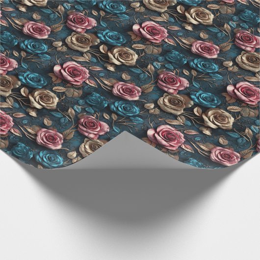 Roze Goudblauwe Rozen Cadeaupapier (Hoek)