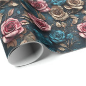  Roze Goudblauwe Rozen Cadeaupapier (Rol Hoek)