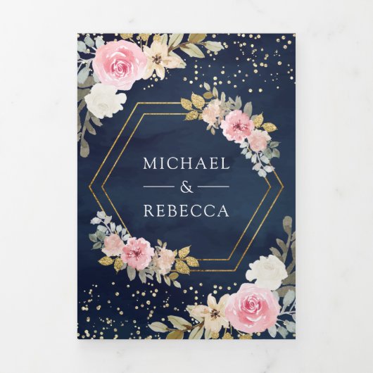 Roze goudbloem Foto QR Code Navy Blue Weddenschap Drieluik Uitnodiging (Cover)