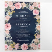 Roze goudbloem Foto QR Code Navy Blue Weddenschap Drieluik Uitnodiging (Binnenzijde eerst)