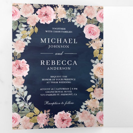 Roze goudbloem Foto QR Code Navy Blue Weddenschap Drieluik Uitnodiging (Binnenzijde eerst)